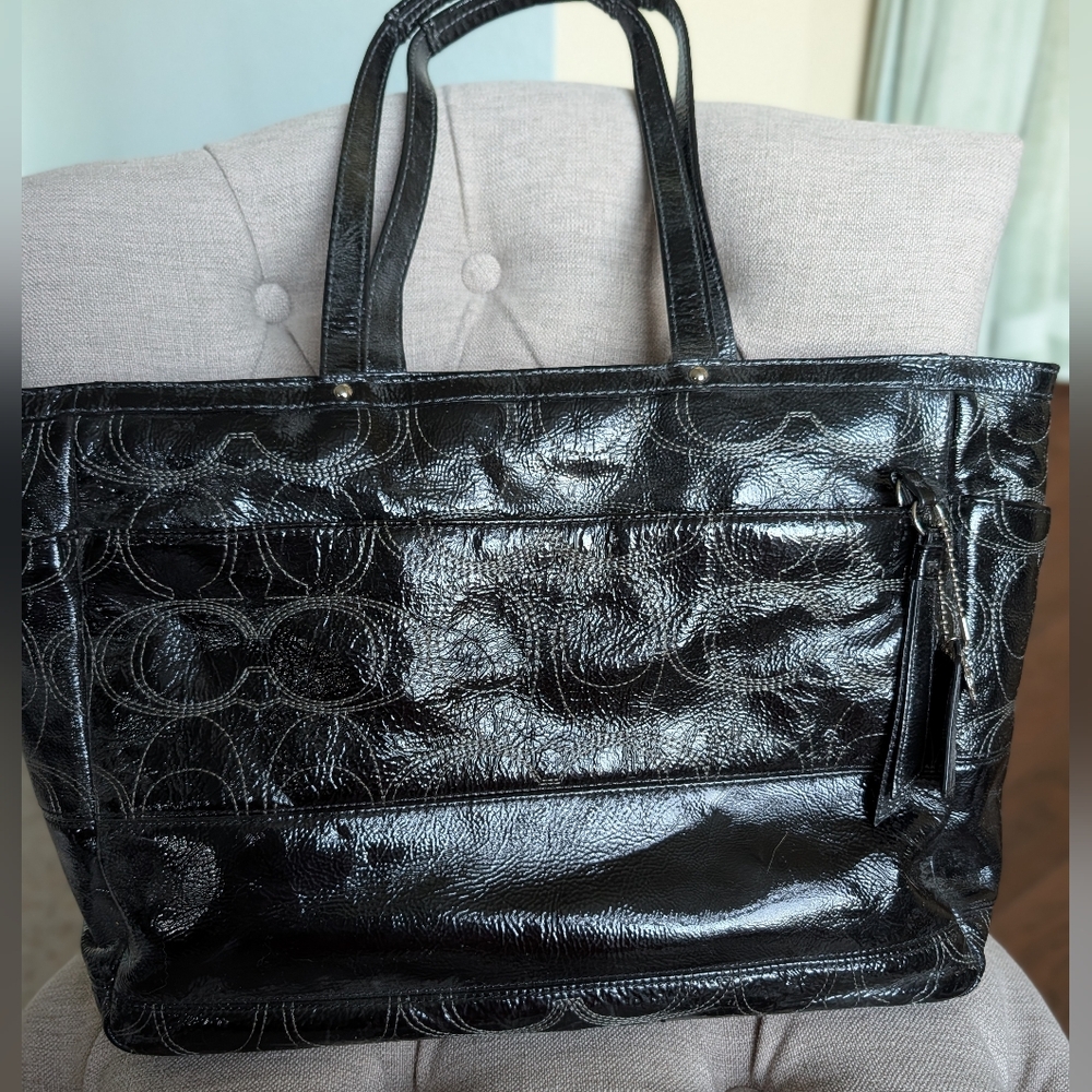 Coach F19256 Signature Stitched Black Patent Travel Bag, Large, READ NOTES - Picture 2 of 11